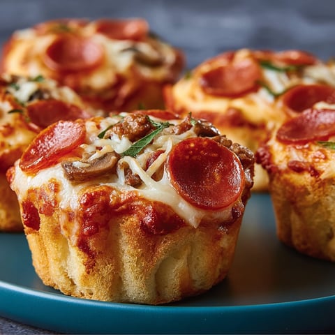 A plate of mini pizzas with pepperoni and mushroom toppings.