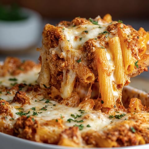 A delicious Cheesy Easy Baked Ziti dish, ready to be served.