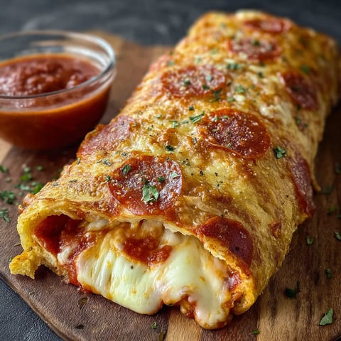 A delicious Tremendous Cheesy Pepperoni Stromboli is served on a wooden platter, accompanied by a side of marinara sauce.