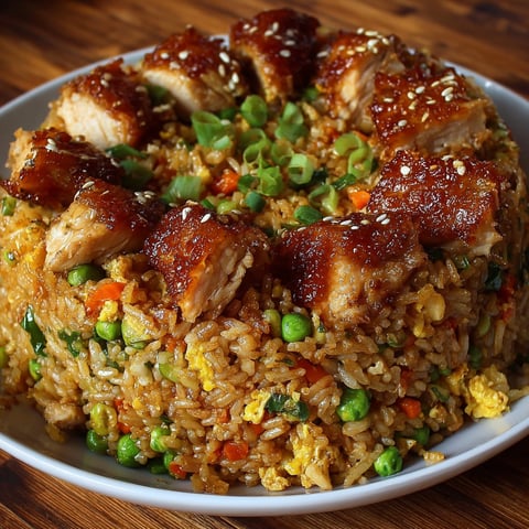 A plate of Bang Bang Chicken Fried Rice with various ingredients such as carrots, peas, and onions.