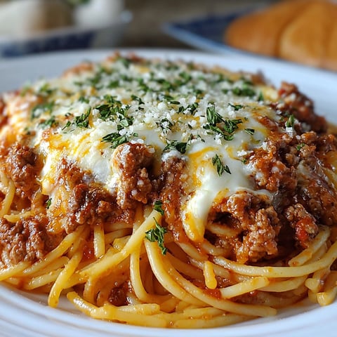 A delicious Baked Cream Cheese Spaghetti Casserole is served on a white plate.