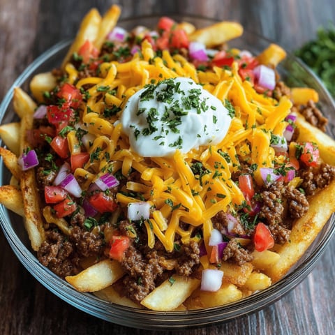 A delicious meal of Loaded Cheese Fries Beef is served in a bowl.