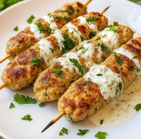 Chicken Kofta with Garlic Yogurt Sauce on a white plate.
