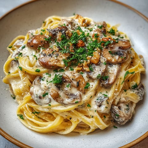 A delicious Creamy Chestnut Pasta dish is served on a white plate.