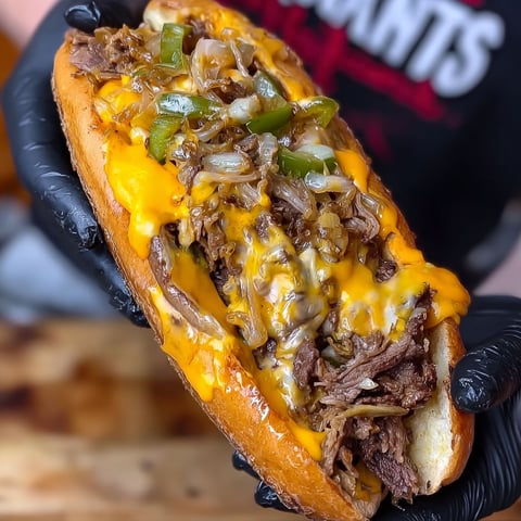 A person is holding a delicious Philly Cheesesteak sandwich.