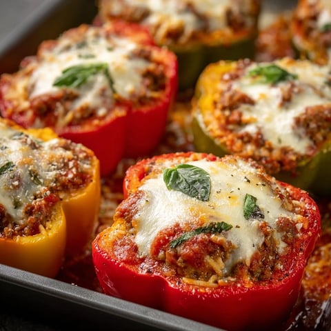A pan of Italian stuffed peppers, filled with meat and cheese, are cooked and ready to be served.