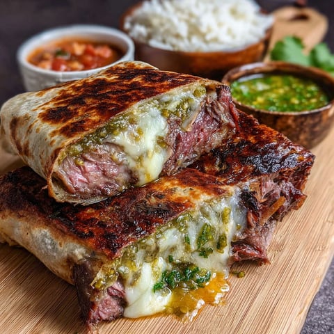A delicious smoked beef rib burrito is served with a side of rice and salsa.