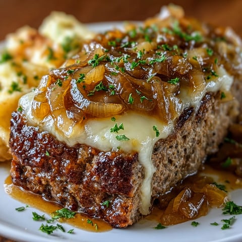 A delicious meal of Crockpot French Onion Beefloaf with Melted Swiss Cheese.