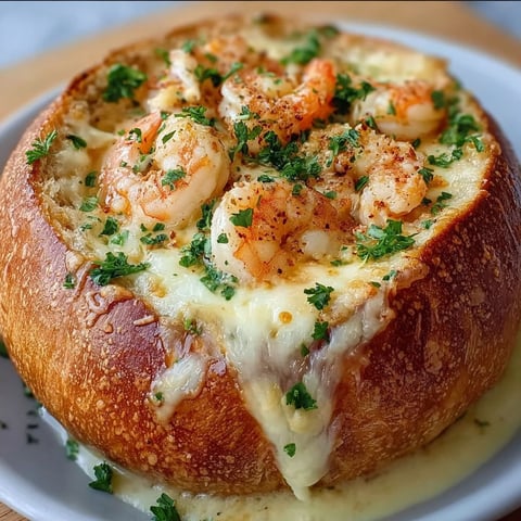 A delicious seafood soup bread bowl filled with shrimp and cheese, ready to be enjoyed.