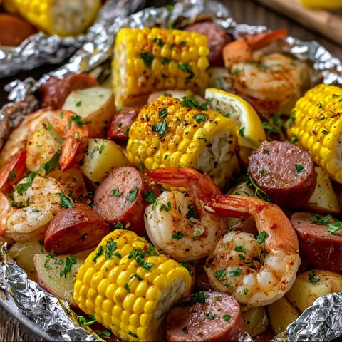 A delicious shrimp, corn, potatoes, and smoked sausage dish is presented in a tin foil bowl.