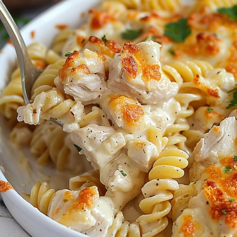 A delicious Garlic Parmesan Chicken Pasta Bake is served in a white bowl.