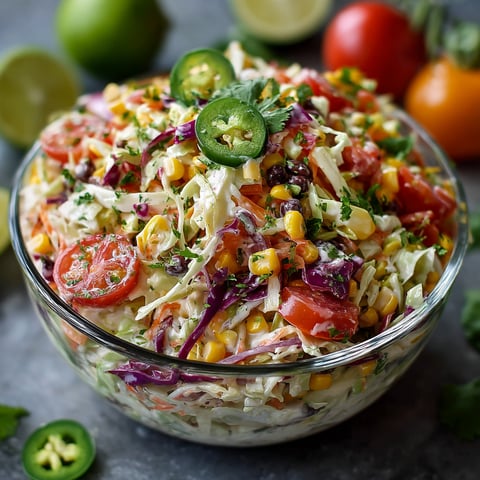A bowl filled with a delicious Mexican coleslaw, including tomatoes, corn, and limes.