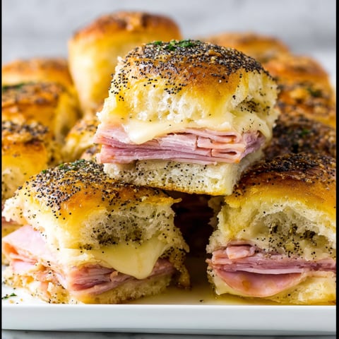 A plate of ham and cheese sliders, with a total of 12 pieces.