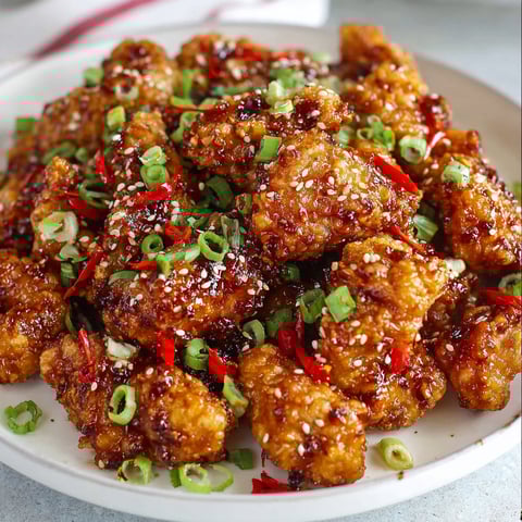 A plate of Korean Fried Chicken is served on a dining table.