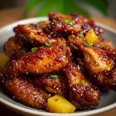 A plate of Sticky Pineapple Glazed Wings is displayed on a table.