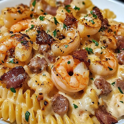 A delicious meal of shrimp, sausage, and bacon pasta with cheese.