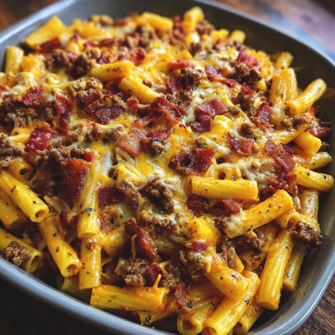 A delicious Bacon Cheeseburger Pasta Bake is ready to be served.