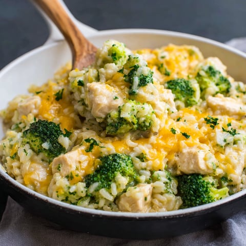 A delicious one pot cheesy chicken broccoli rice casserole.