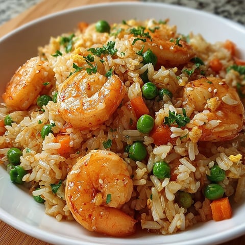 A delicious Shrimp Fried Rice dish is served in a white bowl.