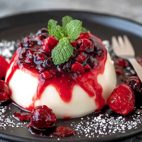 A delicious dessert, Panna Cotta, is served on a plate with a fork and garnished with fresh mint leaves.