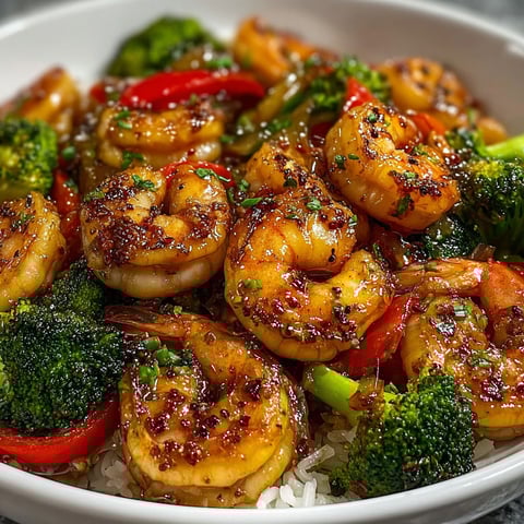 A bowl filled with shrimp and broccoli, with a sauce that includes honey and garlic.