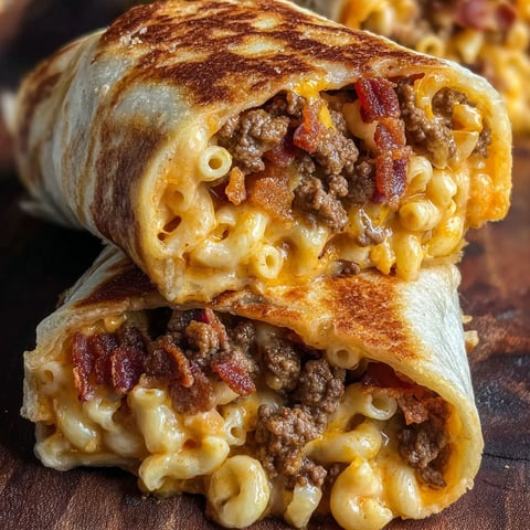 A delicious Bacon Mac Cheese Burger Wrap is served on a wooden table.