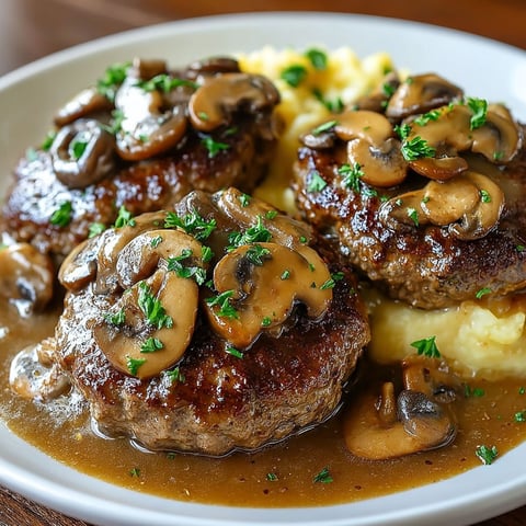 A plate of Hamburger Steak with Mushroom Gravy.