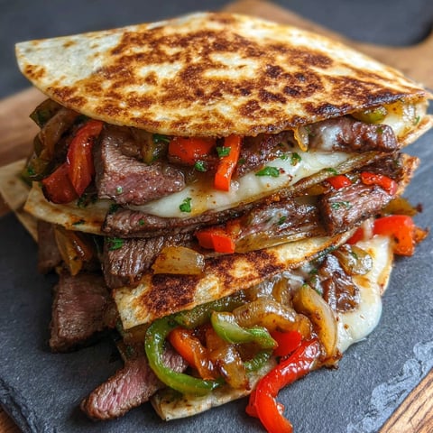 A stack of Pepper Steak Cheesy Quesadillas on a cutting board.