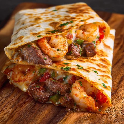 A delicious Creole Steak and Shrimp Quesadilla is served on a wooden cutting board.