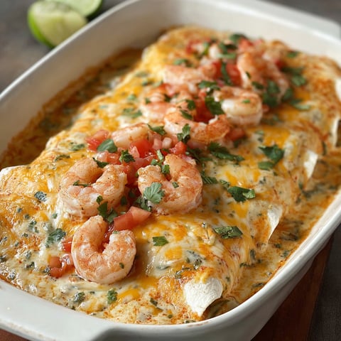 A delicious Shrimp Enchiladas with Cream Sauce dish is served in a white bowl.
