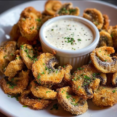 A plate of crispy fried mushrooms with a cool ranch dip.