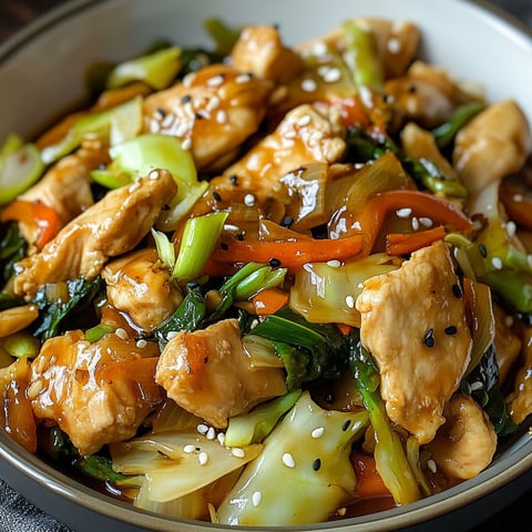 A delicious Chinese Chicken Cabbage Stir-Fry is served in a bowl.