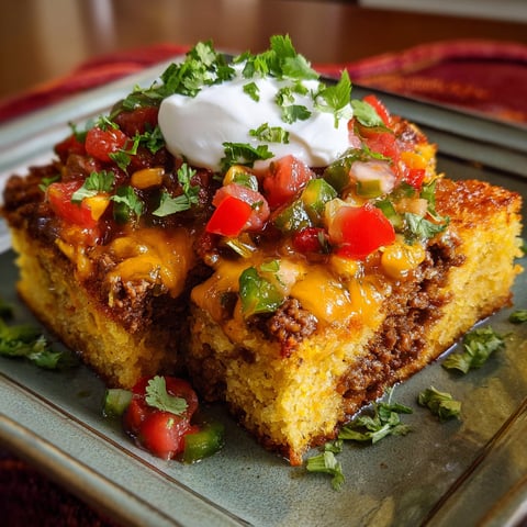 A slice of Mexican Hot Tamale Pie with a dollop of sour cream on top.