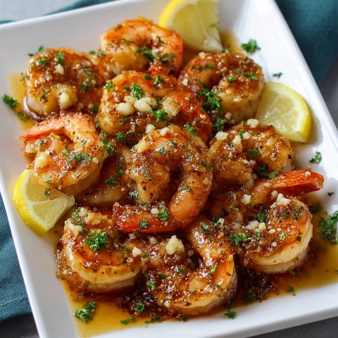 A plate of shrimp with garlic and lemon sauce, served with a lemon wedge on the side.