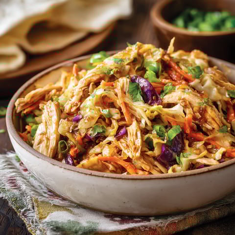 A bowl of Moo Shu Chicken with vegetables and sauce.