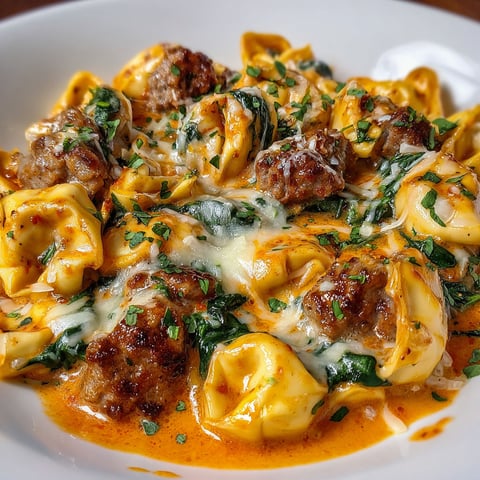A delicious dish of Cheese Tortellini with Sausage and Spinach in a Creamy Tomato Sauce.