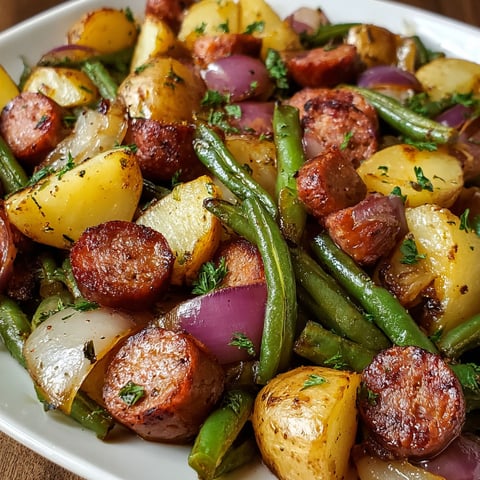 A delicious one pan meal of sausage, green beans, and potatoes.