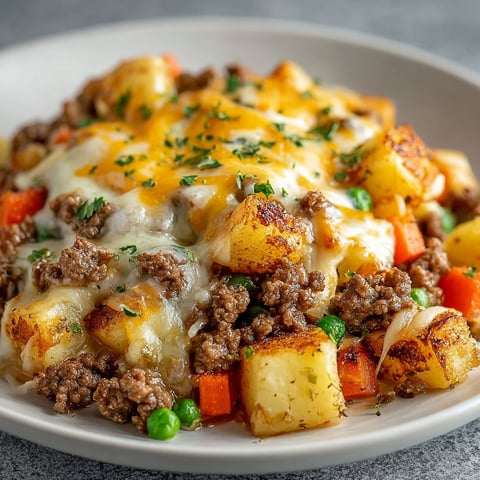 A delicious homemade casserole with ground beef, vegetables, and cheese.