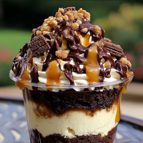 A delicious Loaded Brownie Cheesecake Cup with a generous amount of chocolate and caramel toppings.