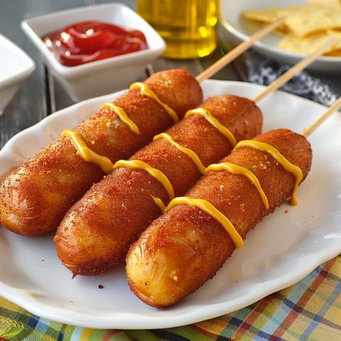 A plate of corn dogs with mustard and ketchup on the side.