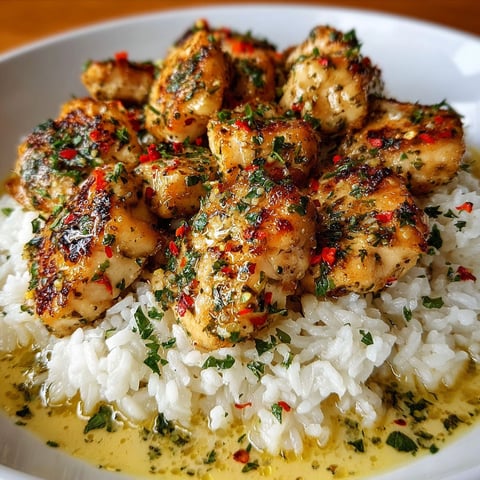 A plate of Chicken Scampi with Creamy Garlic Parmesan Rice.