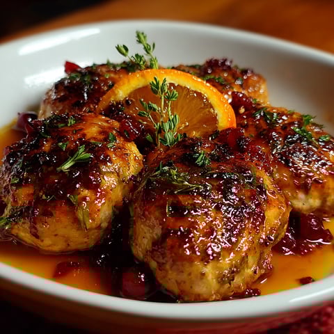 A plate of Cranberry-Orange Chicken Meatballs with a slice of orange on top.