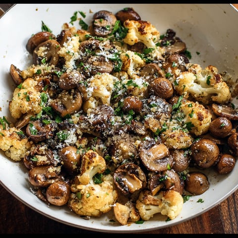 A delicious dish of sauteed mushrooms and cauliflower crumbles.