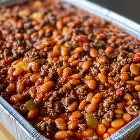 A delicious Baked Beans & Ground Beef Casserole, ready to be served.