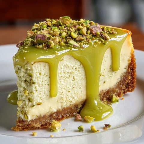 A slice of pistachio cheesecake with a pistachio topping on a white plate.