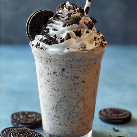 A glass of Cookies and Cream Frappuccino with whipped cream and chocolate chips on top.