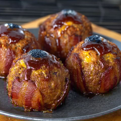 A plate of bacon wrapped cheddar stuffed BBQ bacon bombs.