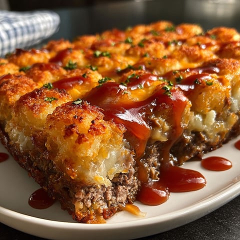 A delicious cheesy meatloaf tater tot is served on a plate.