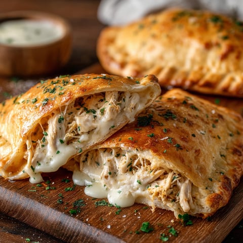 Two pieces of Chicken Alfredo Air Fryer Calzones on a wooden cutting board.