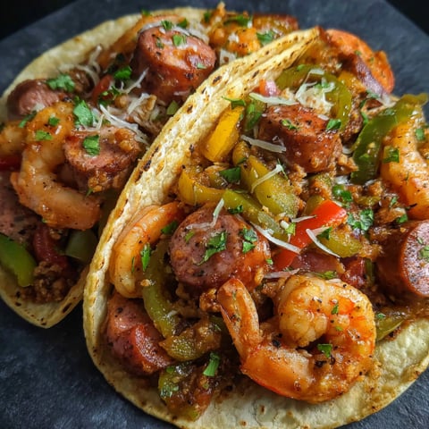 A delicious Andouille Sausage Shrimp Taco is served on a tortilla with a variety of toppings.